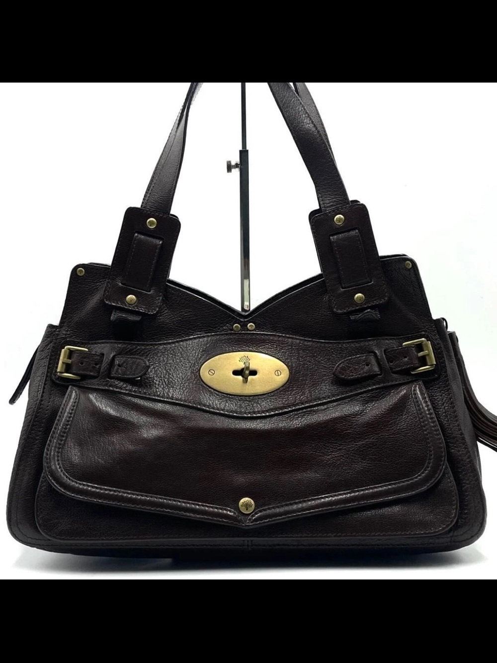 Mulberry Dark Brown Leather Shoulder Bag with Brass Turn Lock